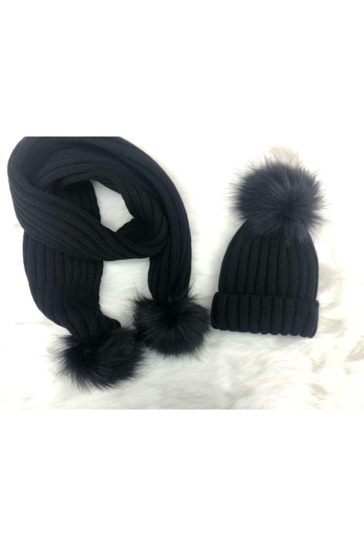 BUEMAY Unisex Siyah Tek Ponponlu Atkı Bere Takım
