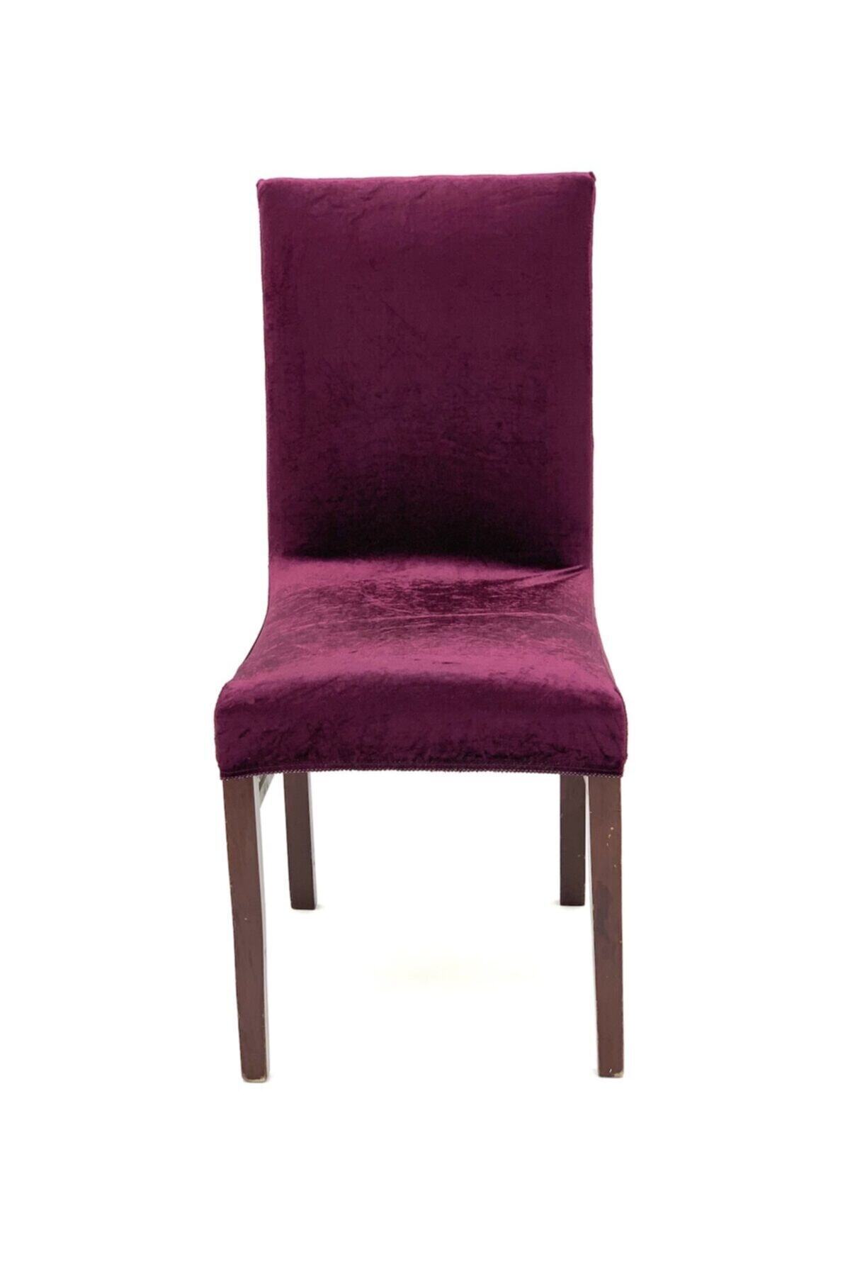 sabirehome Patlıcan Moru Renk En Boy Lıkrlı Düz Kadife Kumaştan Standart Sandalye Kılıfı 6 Adet Takım Örtü