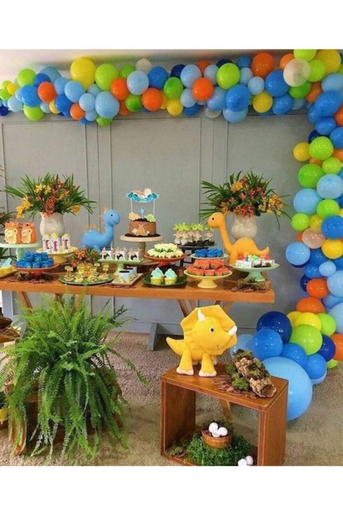 selens party 60 Adet Dinozor Konsept Renkleri Metalik Balon Ve Balon Zinciri Parlak Lateks Balonlar