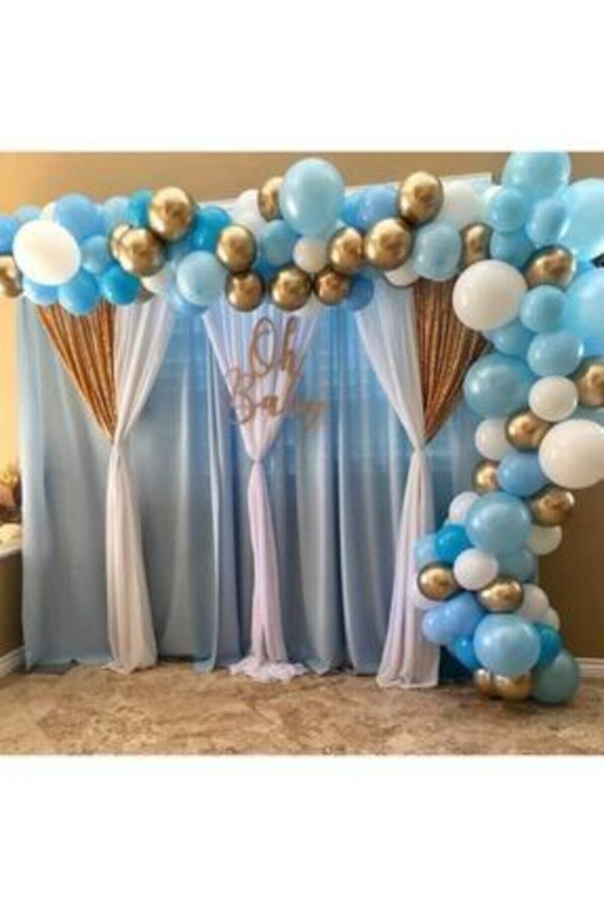 tmgrup 60 Adet Mavi Beyaz Metalik Gold Krom Balon Ve Balon Zinciri Konsept Parti