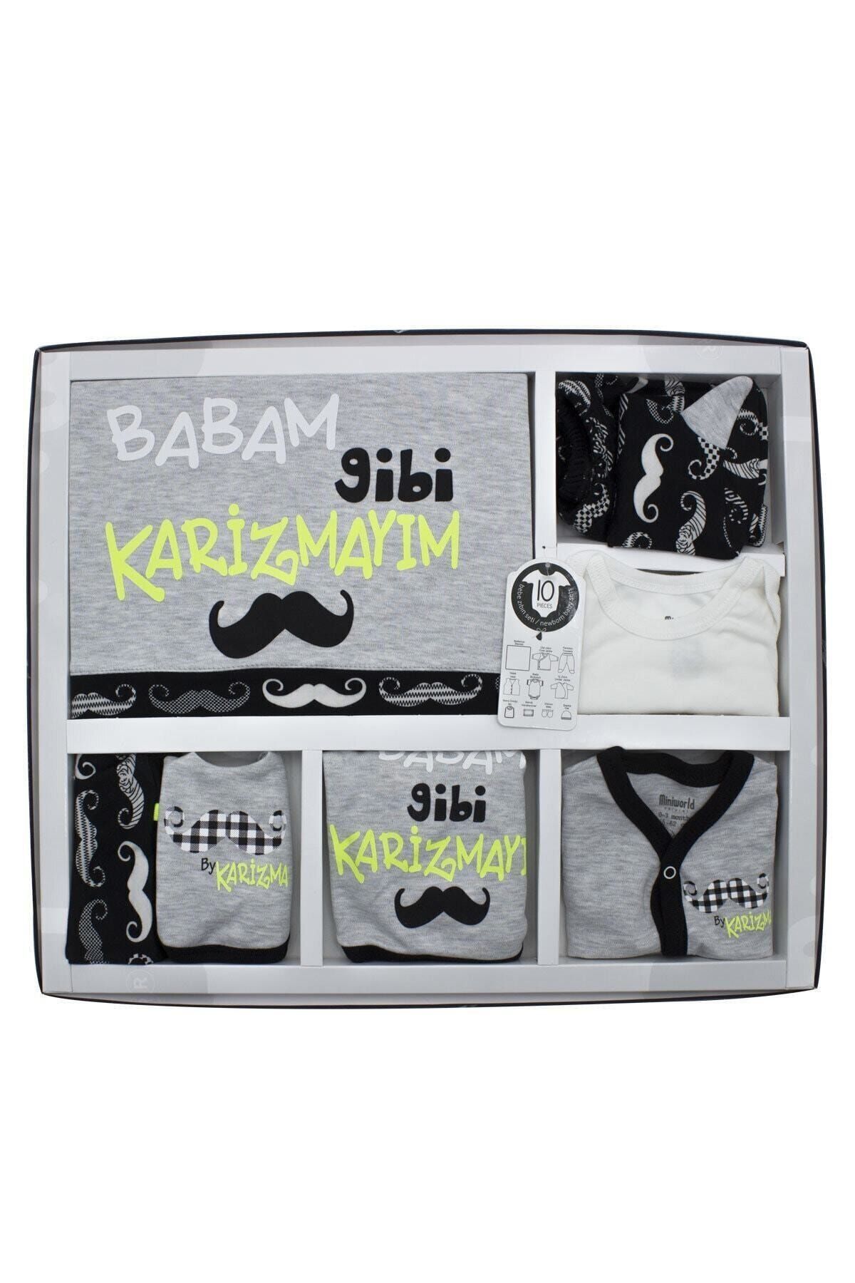 Miniworld Unisex Gri Babam Gibi Karizmayım 10'lu Yenidoğan Bebek Hastane Çıkışı Seti K3289