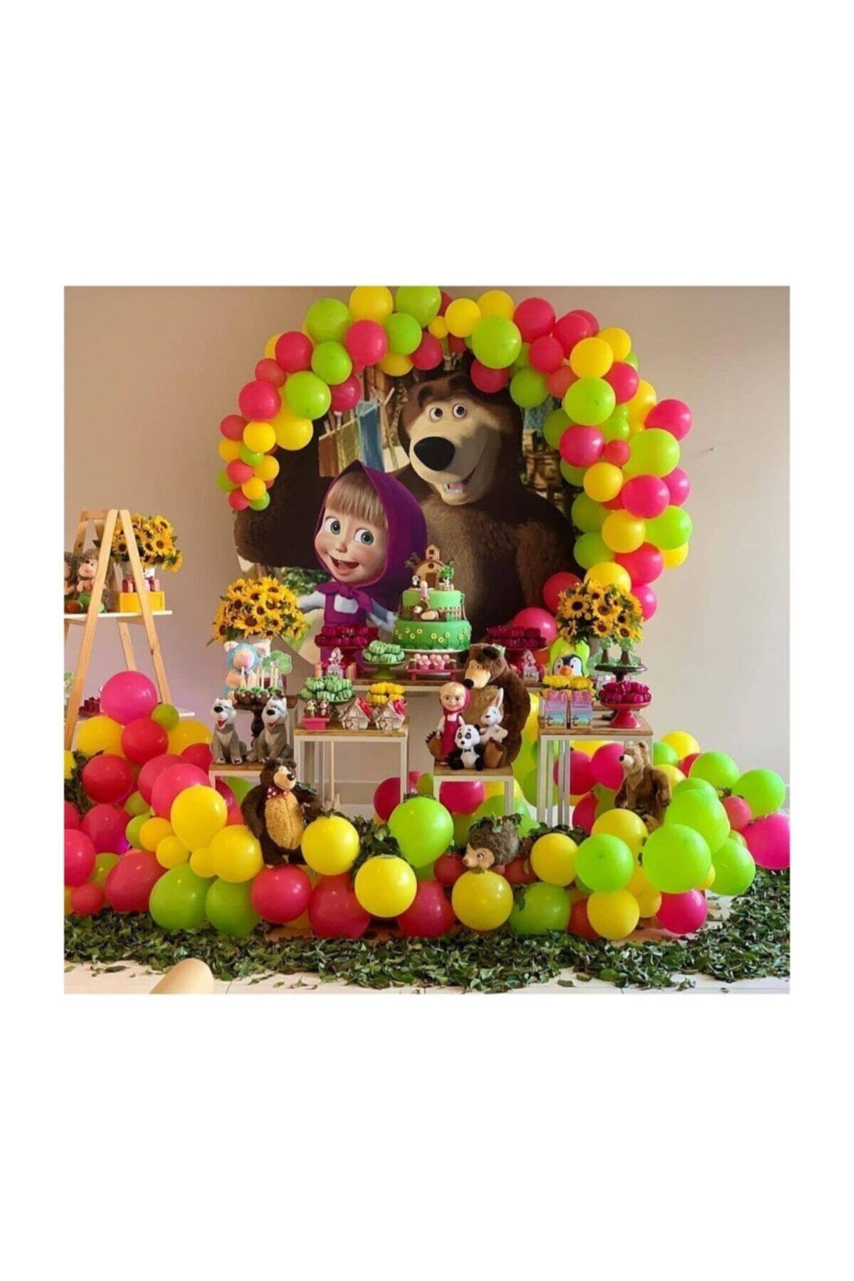 selens party 60 Adet Metalik Balon Ve 5 Mt Balon Zinciri (yeşil - Fuşya - Sarı) Maşa Ile Koca Ayı Konsept Balon