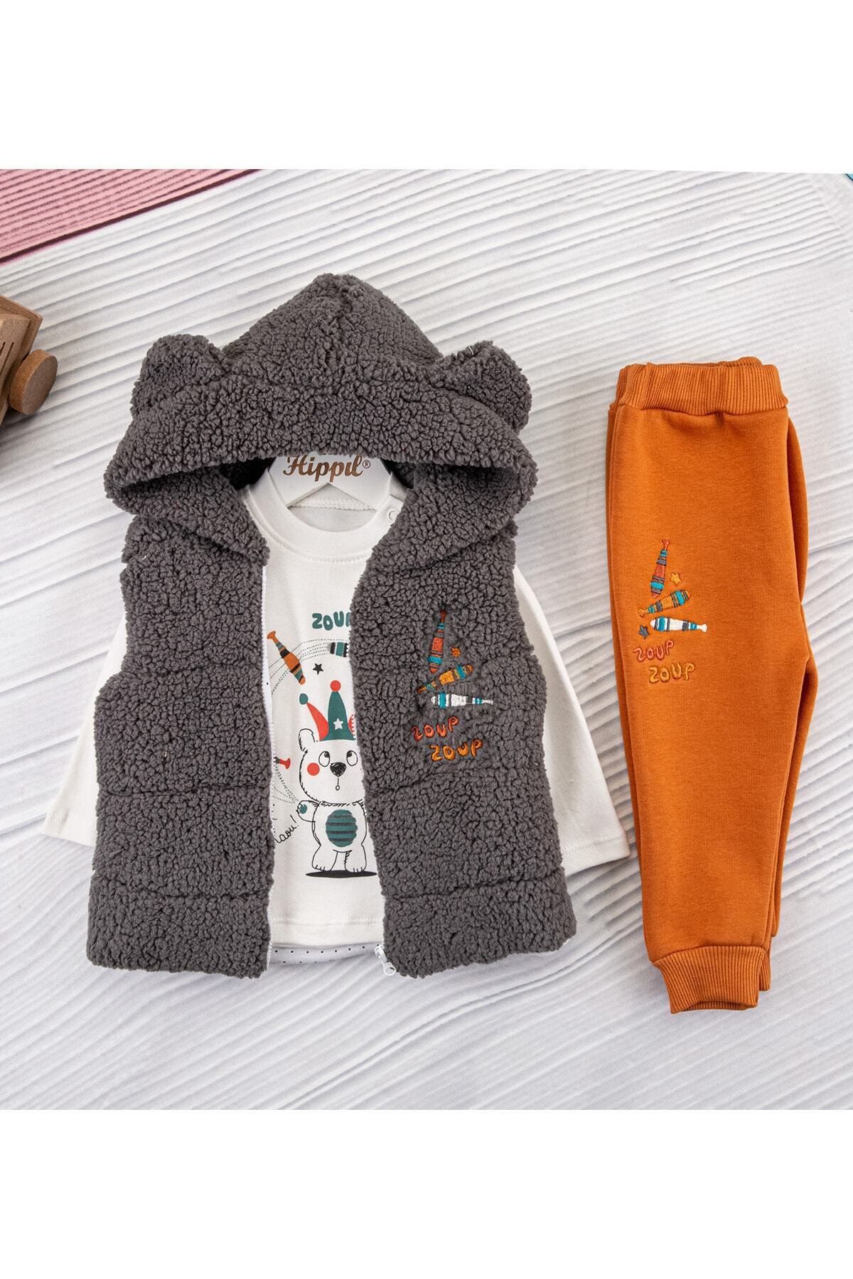 Hippıl Baby Unisex Peluş Kapüşonlu 3'lü Yelekli Lüx Takım