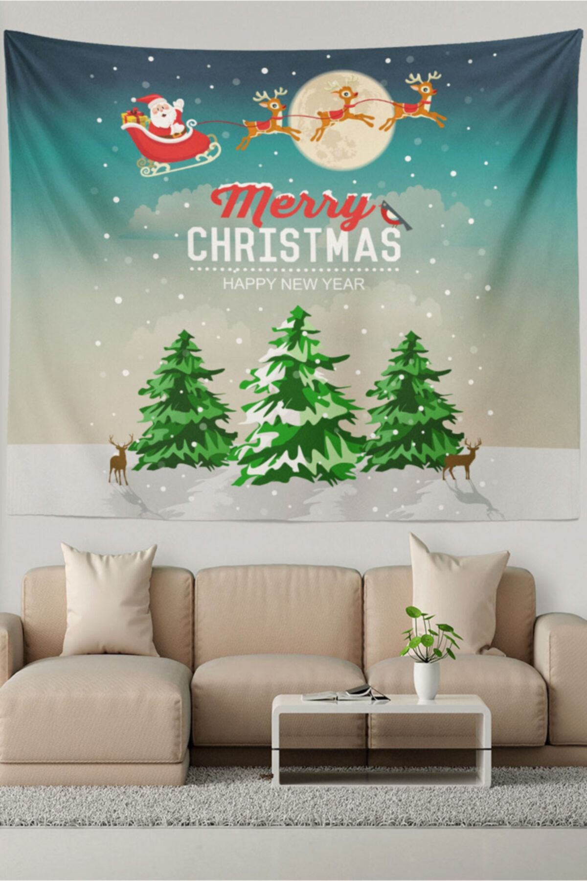 Ysahome Yılbaşı Tema Noel Baba Çam Ağacı Desenli duvar Halısı
