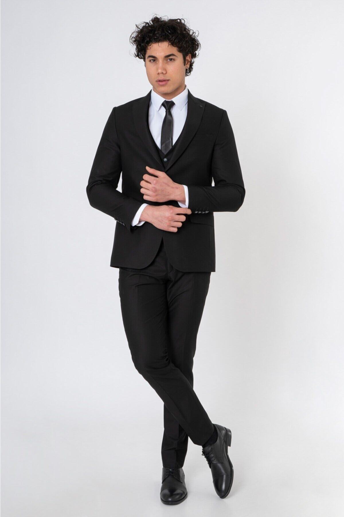 White Stone Liège Slim Fit 6 Drop Yelekli Düz Takım Elbise Siyah
