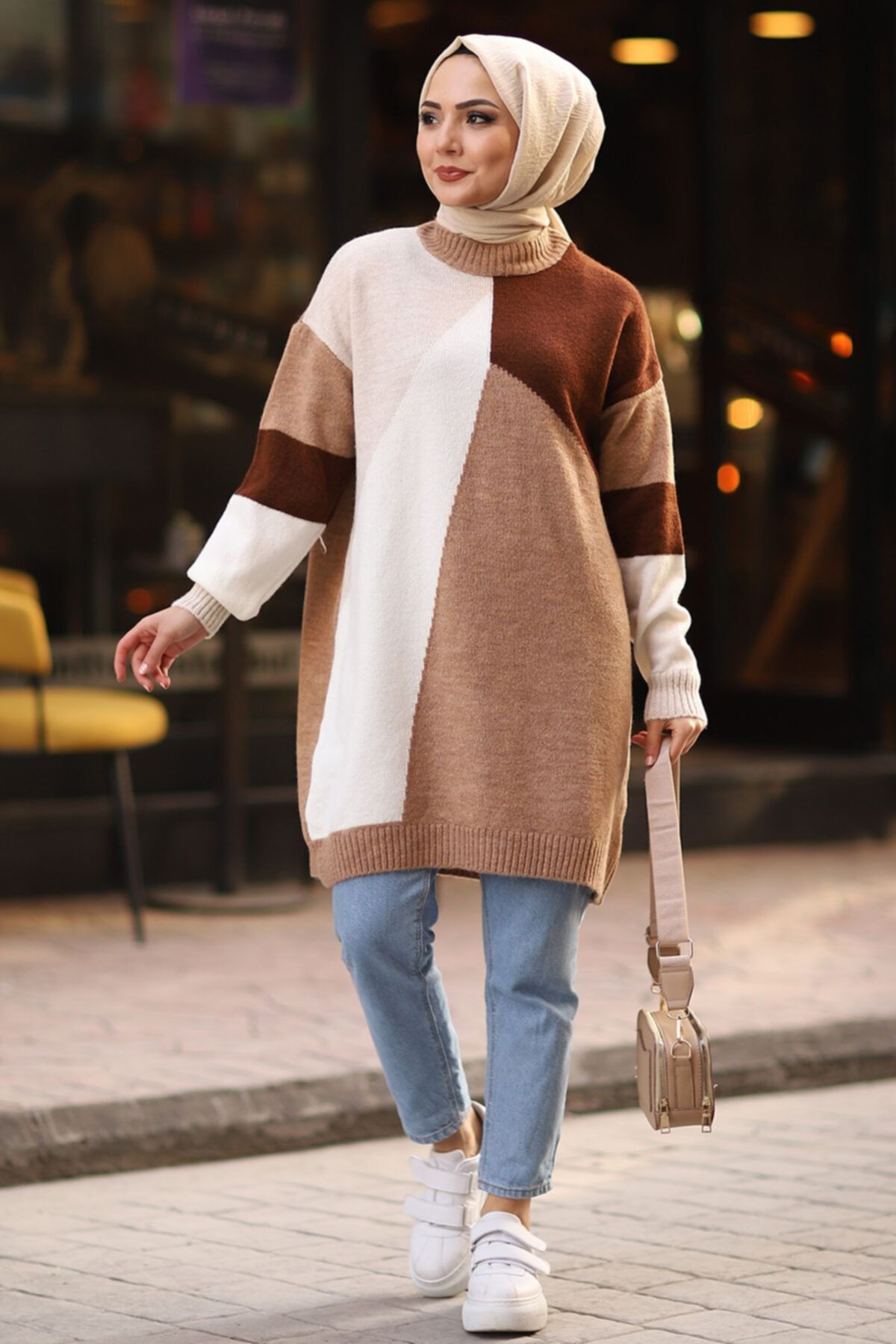 Moda Sahra Çapraz Blok Kazak Kahverengi