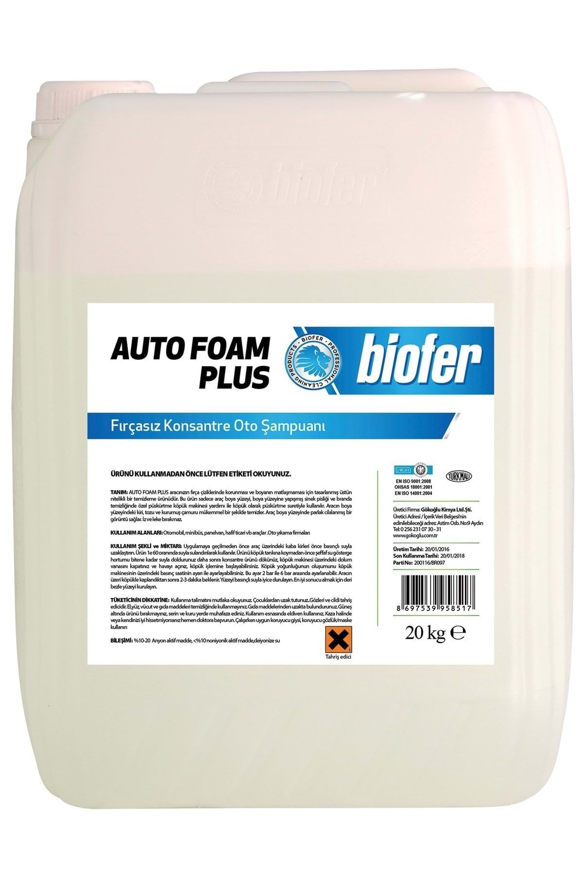 Biofer Auto Foam Plus Fırçasız Konsatre Oto Şampuanı 20 Kg