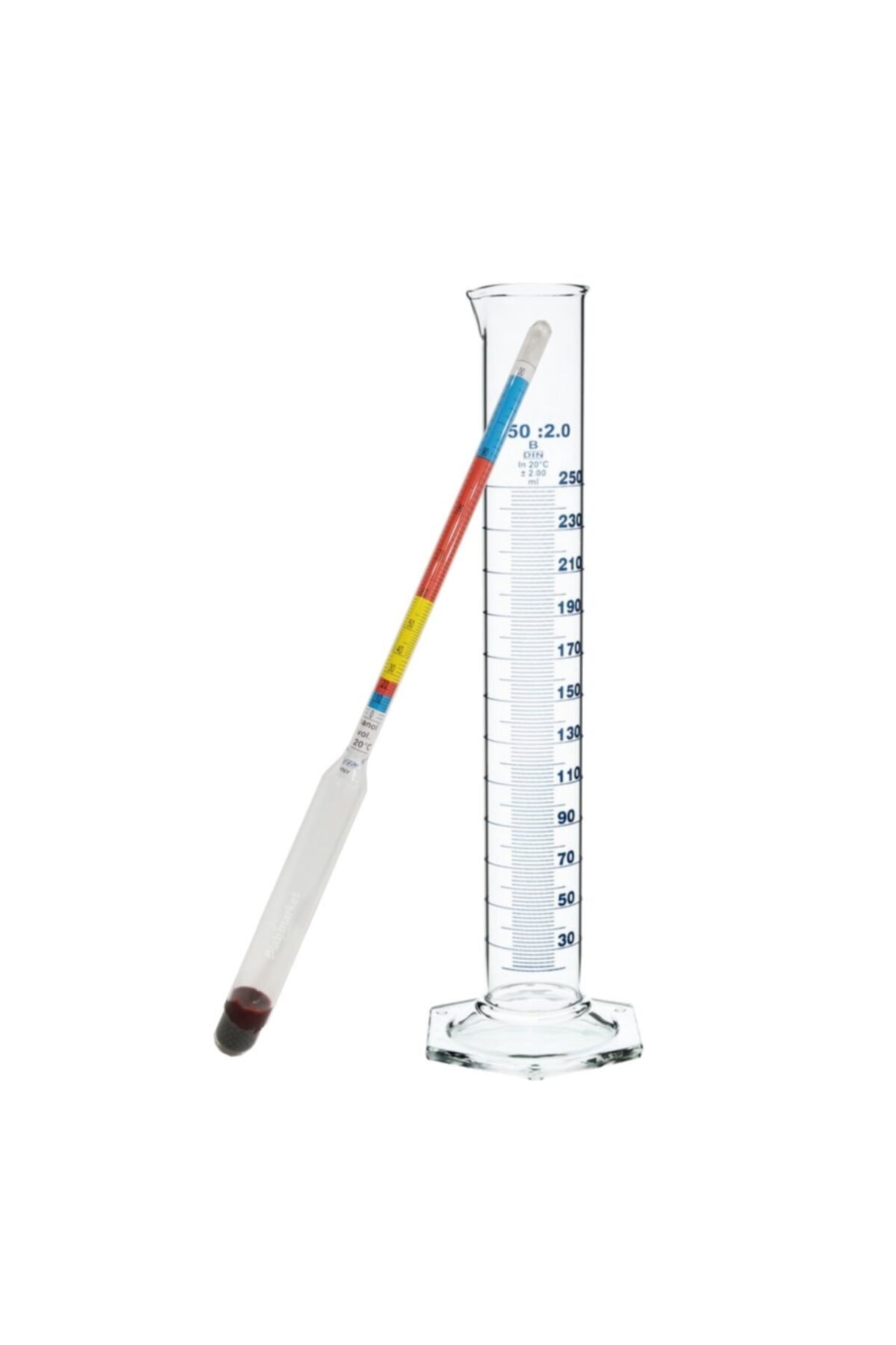 GREINORM Cam Alkol Metre/ Alkol Ölçer Renkli + Plastik Mezür 250 Ml Seti - Alman
