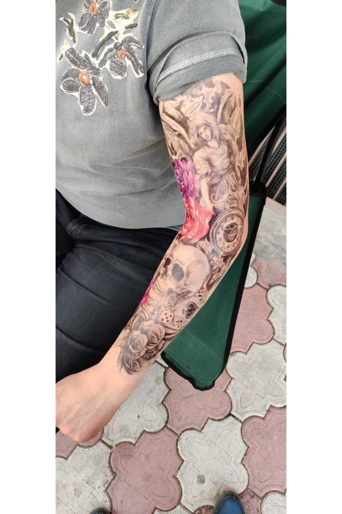 Store&Tattoo Kuru Kafa Ve Gül Geçici Dövme Tam Kol 48x17 Cm