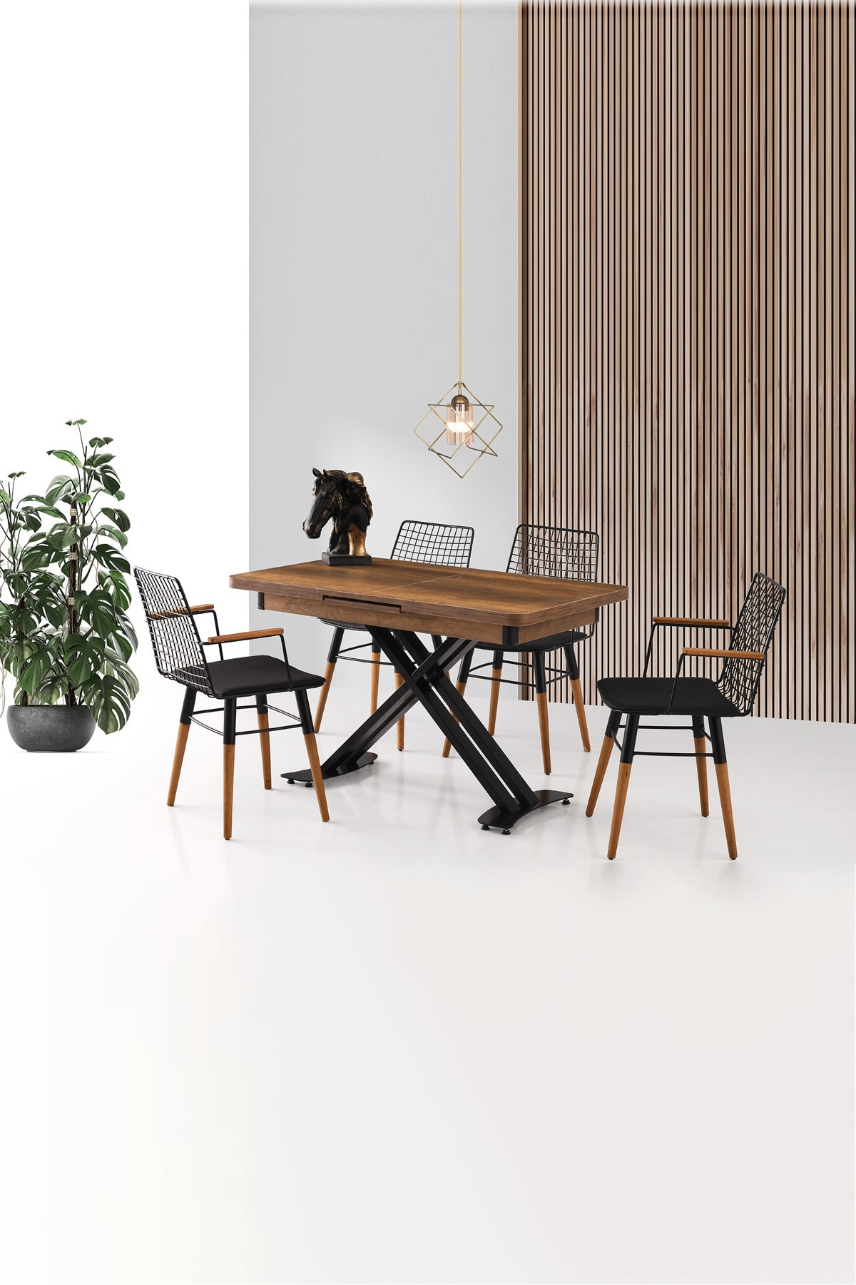 Mobesko AVM Barok Ceviz Metal Ayaklı 70x120 Cm 6 Sandalyeli Açılabilir Yemek Ve Mutfak Masası Takımı