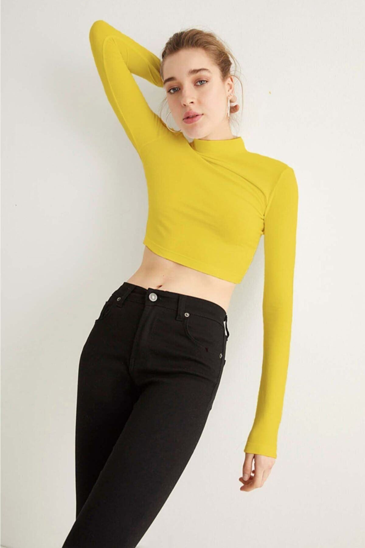 khar Kadın Sarı Balıkçı Yaka Crop Bluz