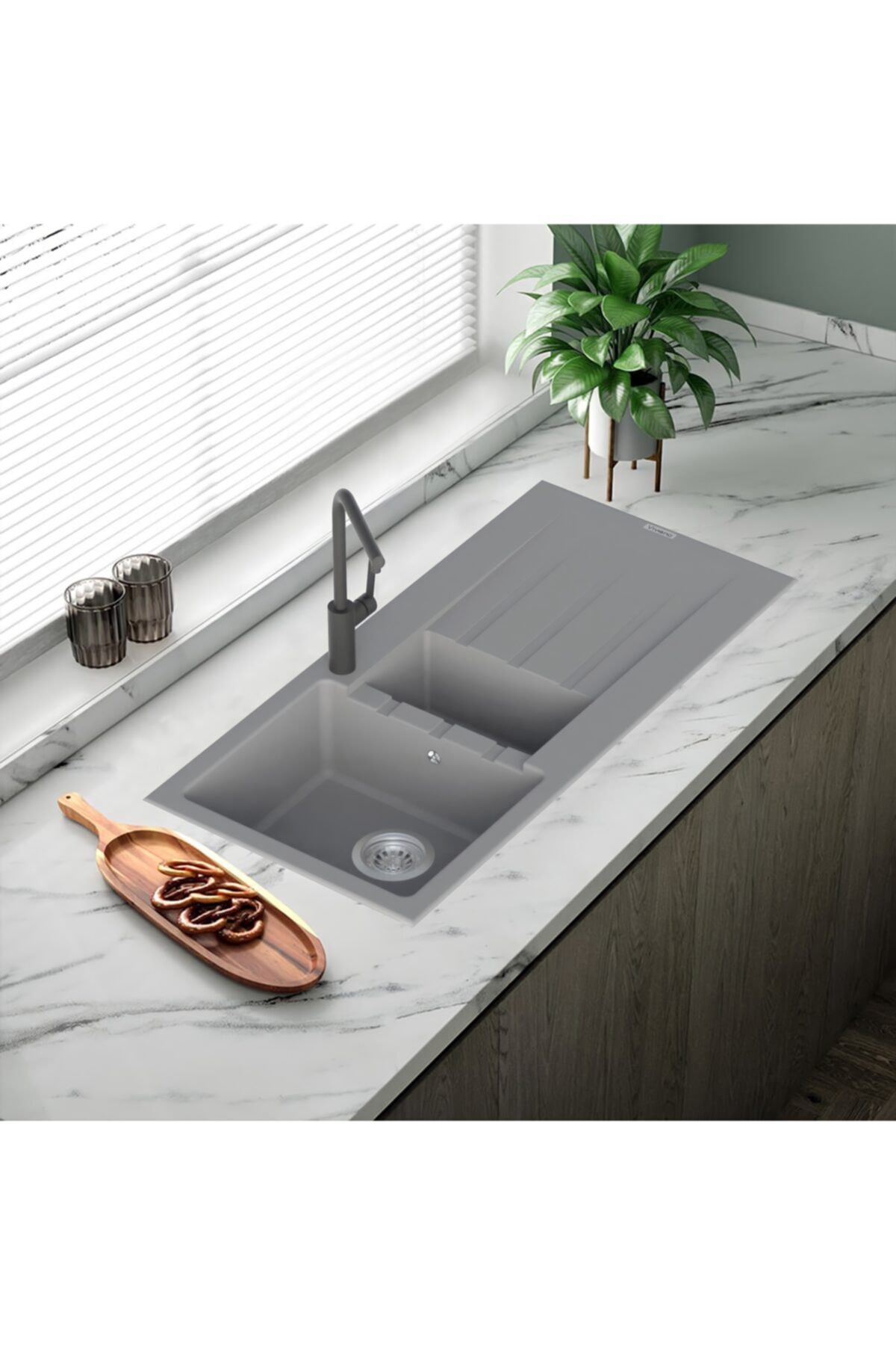 Vıvıano | | 1.5 Göz 50x100 Cm Gri Granit Evye Sifon