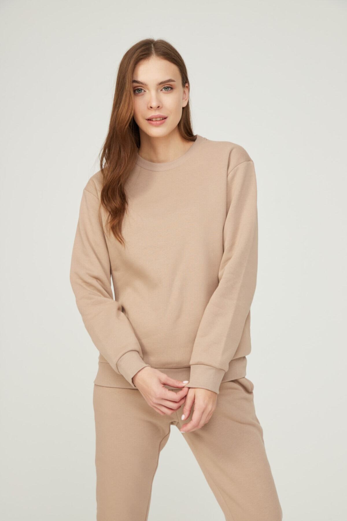 BO Basics Kadın Pastel Kahverengi Sweatshirt Şardonlu