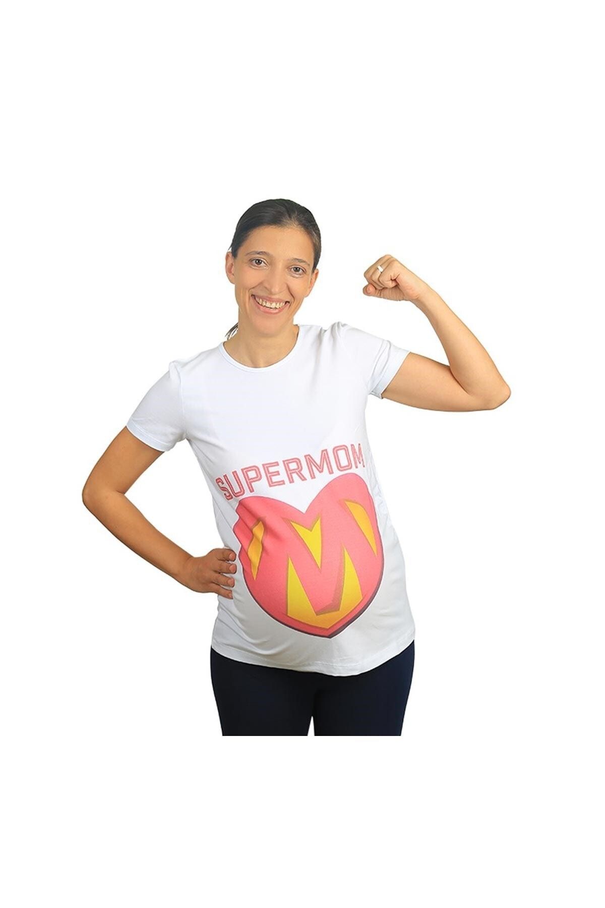 Mummy's Baby Hamile Tişört Super Mom Beyaz