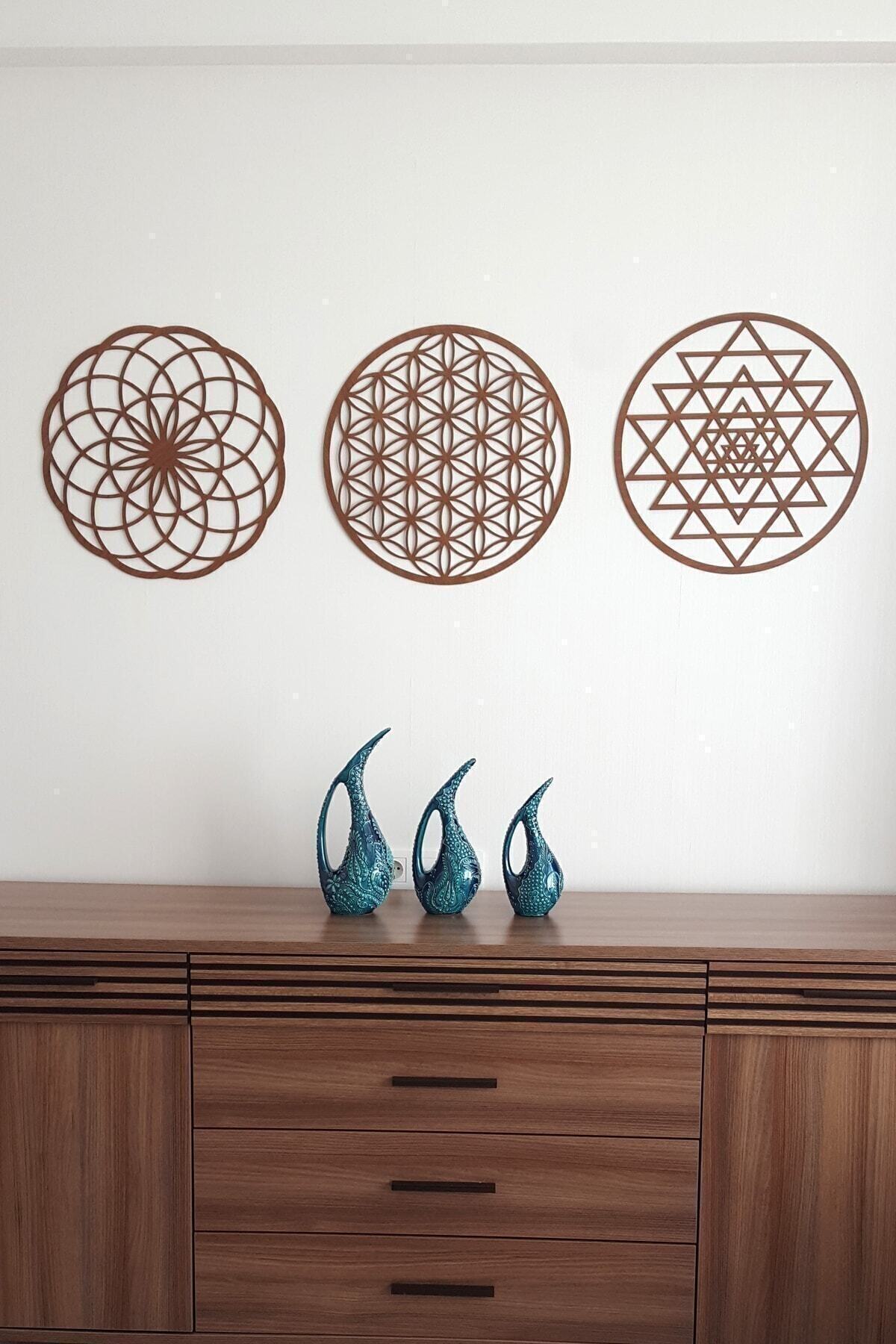 HOBİCİM Yaşam Çiçeği Sri Yantra Ve Torus  Set Kahverengi Duvar Tablosu 3'lü