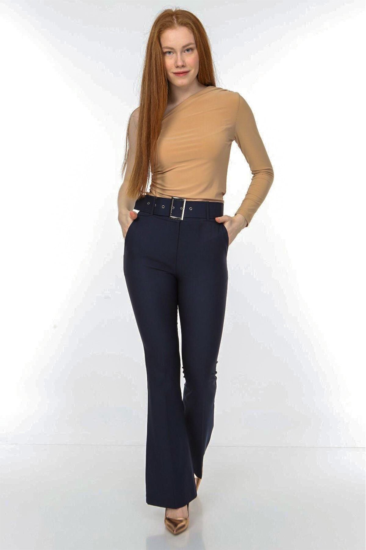 Gezellig Butik Kadın Lacivert Yüksek Bel Ispanyol Paça Pantolon