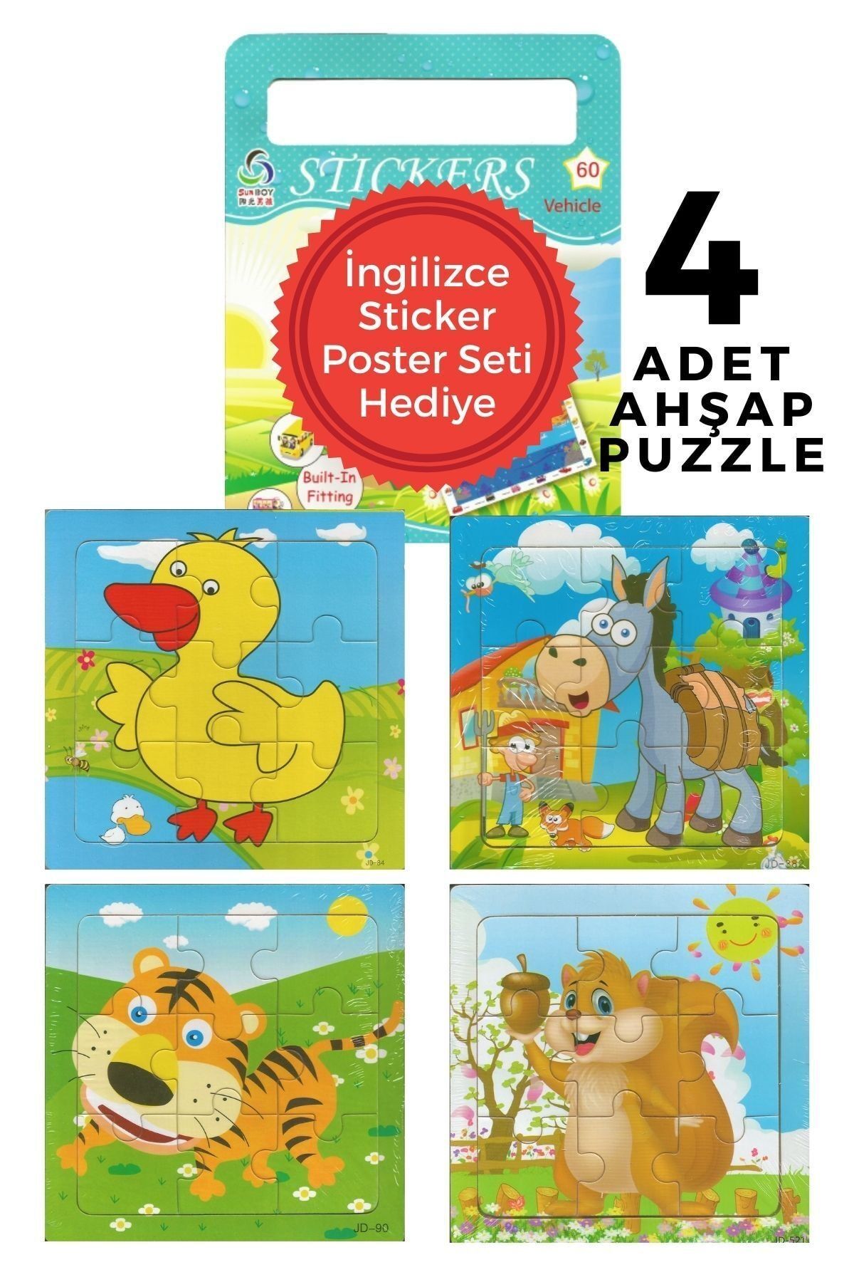 modapratik kids 4'lü Ahşap Yapboz 9 Parça 15x15cm - Ingilizce Poster 60 Sticker Seti