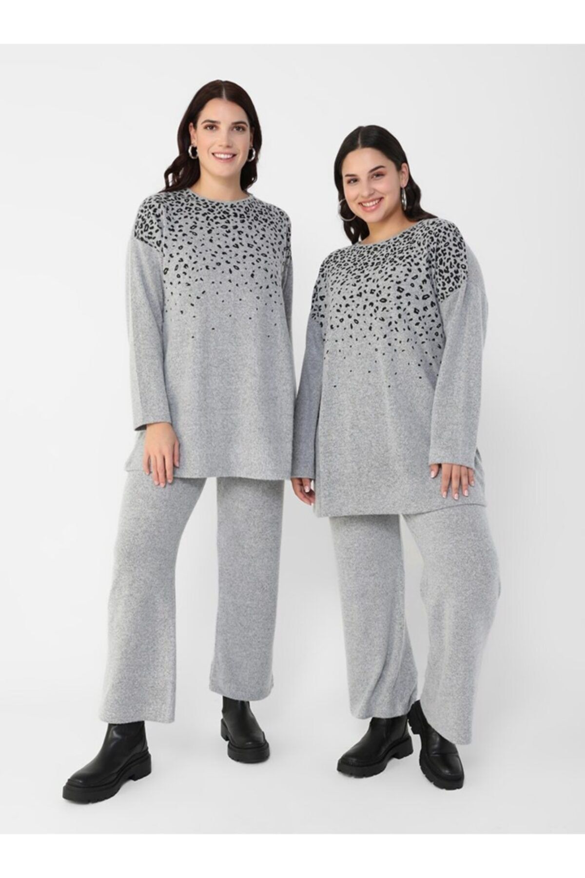ALİA Büyük Beden Leopar Desenli Elyaf Tunik - Gri -