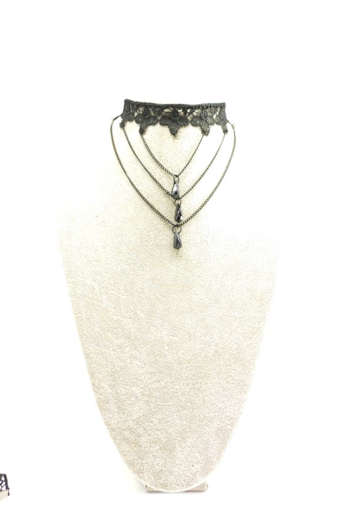 Fugusugu Çiçek Dantelli Üç Kristalli Choker