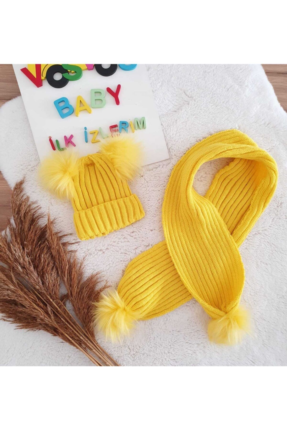 VOSVOSBABYSTORE Sarı Ponpon Atkı&bere Takım
