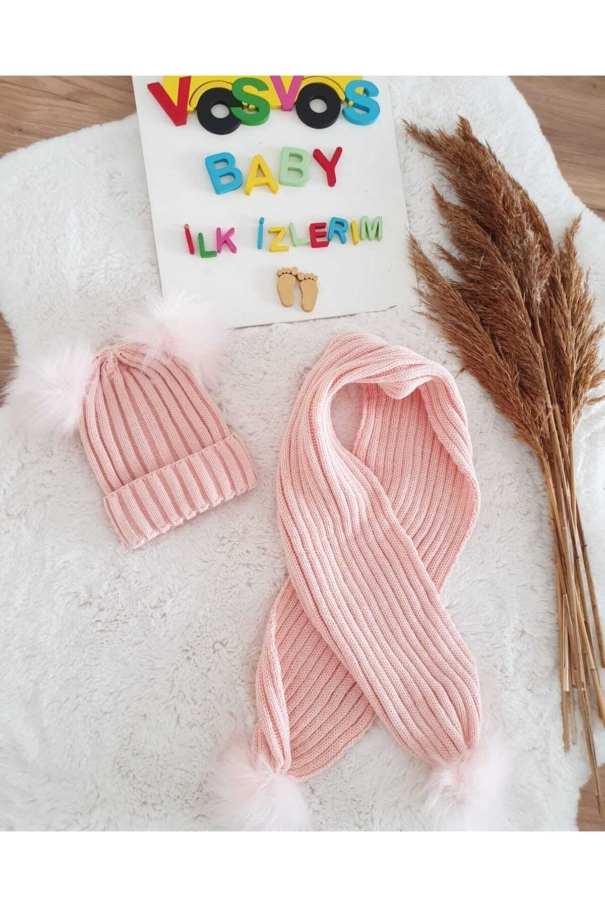 VOSVOSBABYSTORE Pudra Ponpon Atkı&bere Takım