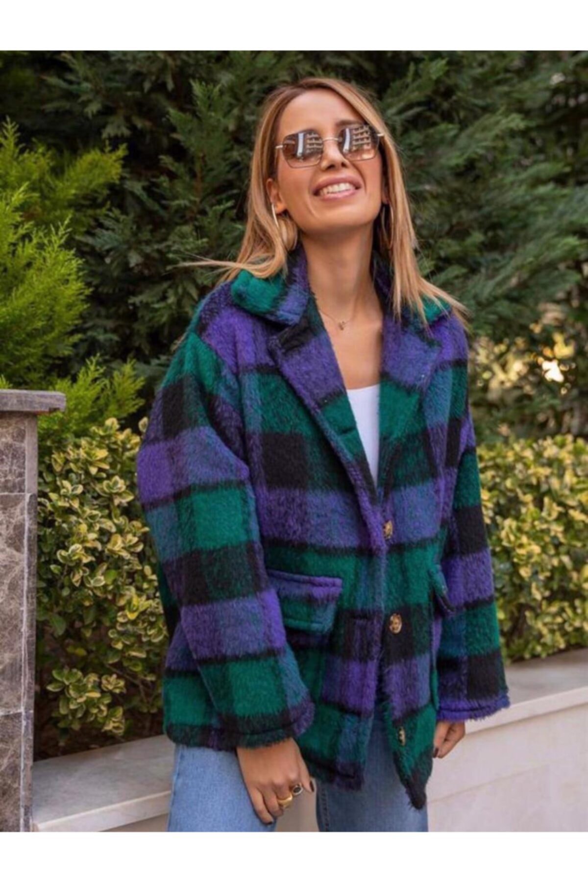 Ceila Collection Mor Kırçıl Kumaş Ekose Kaban