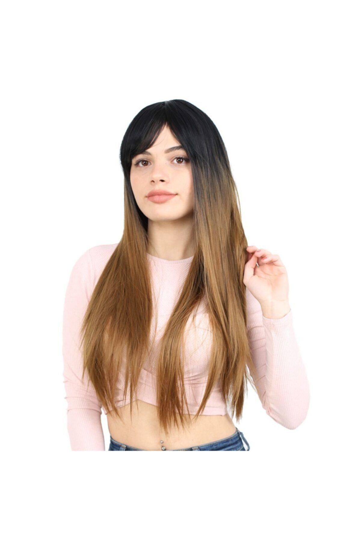 Suzan Peruk Fiber Sentetik Uzun Düz Kahküllü Peruk - Siyah / Karamel Ombreli