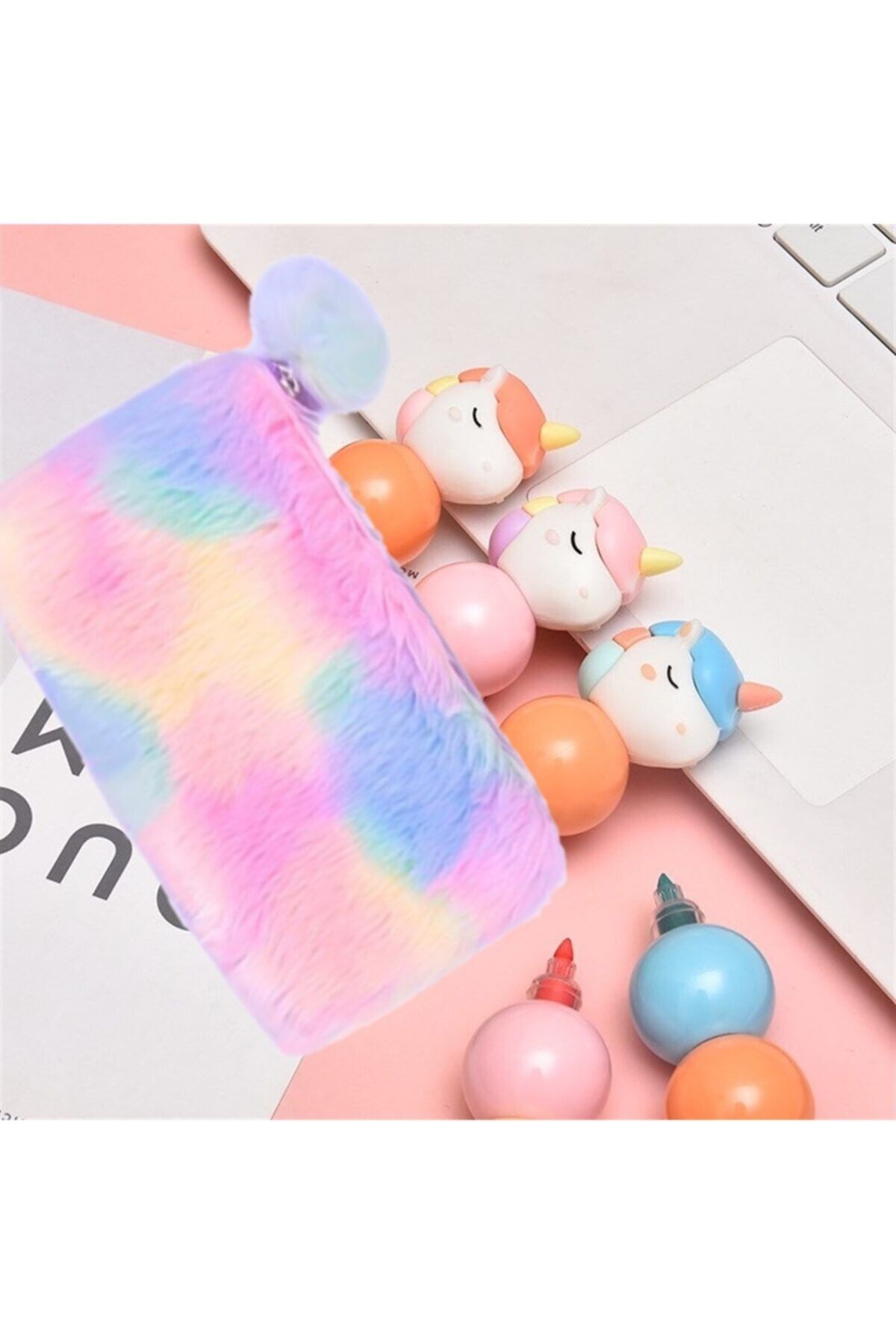 Çılgıntrend Peluş Tüylü Pembe Kalemlik Ve Unicorn Fosforlu 3'lü Kalem Set