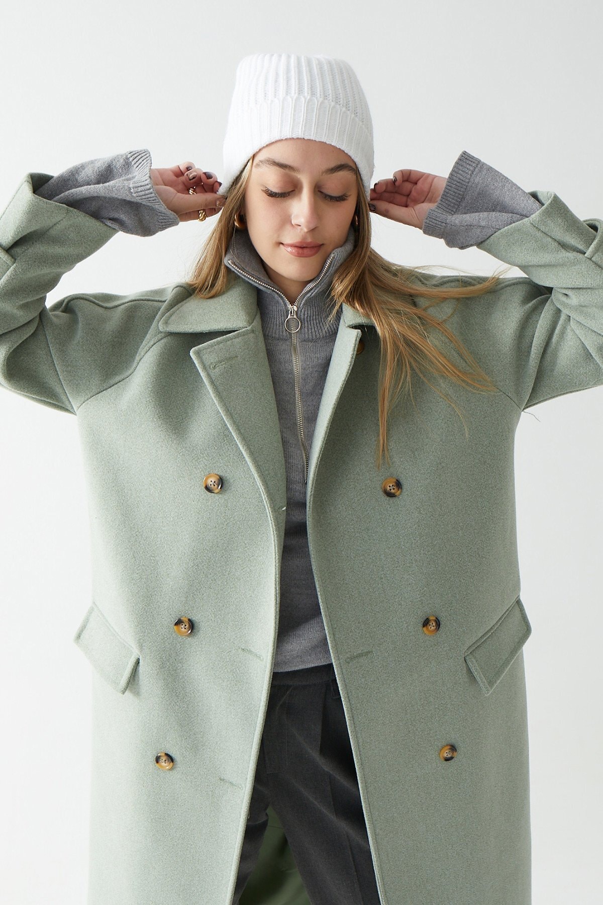 Suud Collection Mint Yeşili Kruvaze Kaşe Kaban