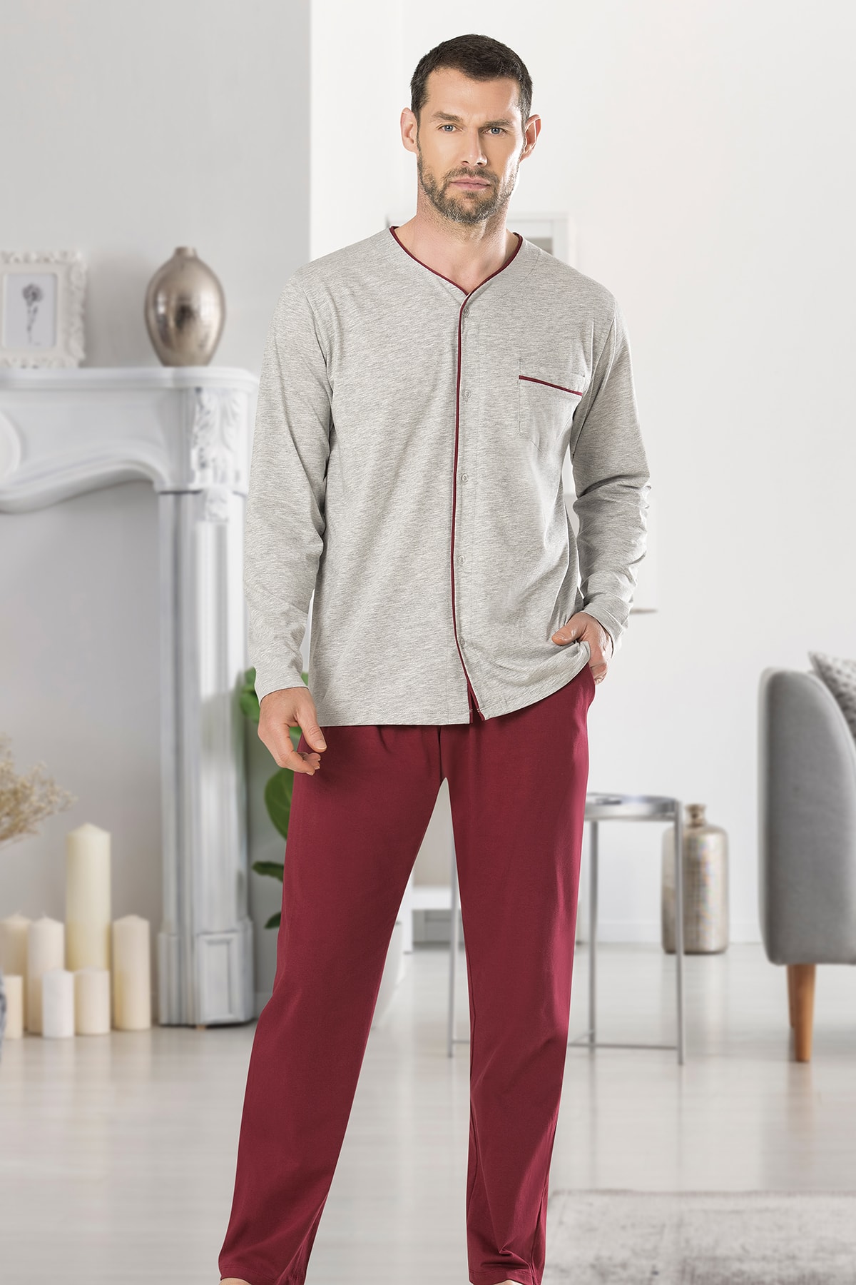 ÖZKAN underwear Özkan 11892 Erkek Pamuklu Uzun Kollu Önden Düğmeli Pijama Takımı