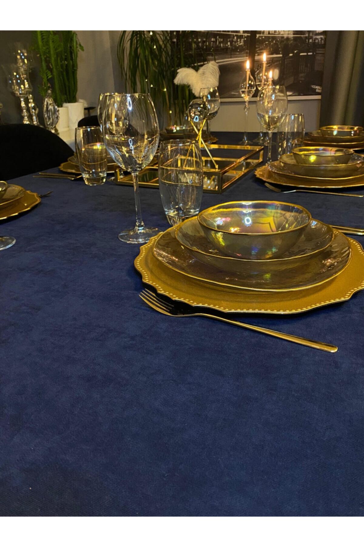 Valentia Decor Kadife Dokulu Dertsiz Lacivert (koyu Mavi) Masa Örtüsü
