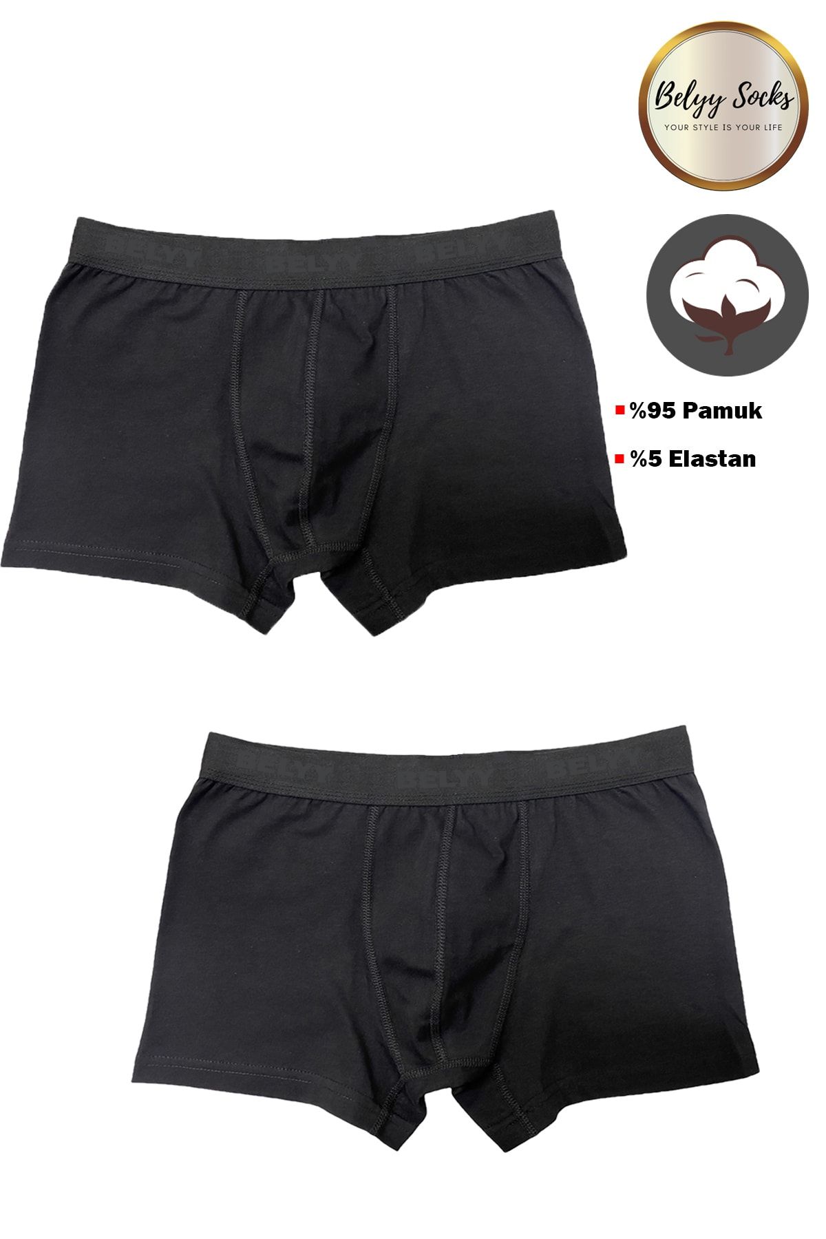 Belyy Socks 2'li Düz Siyah Erkek Boxer