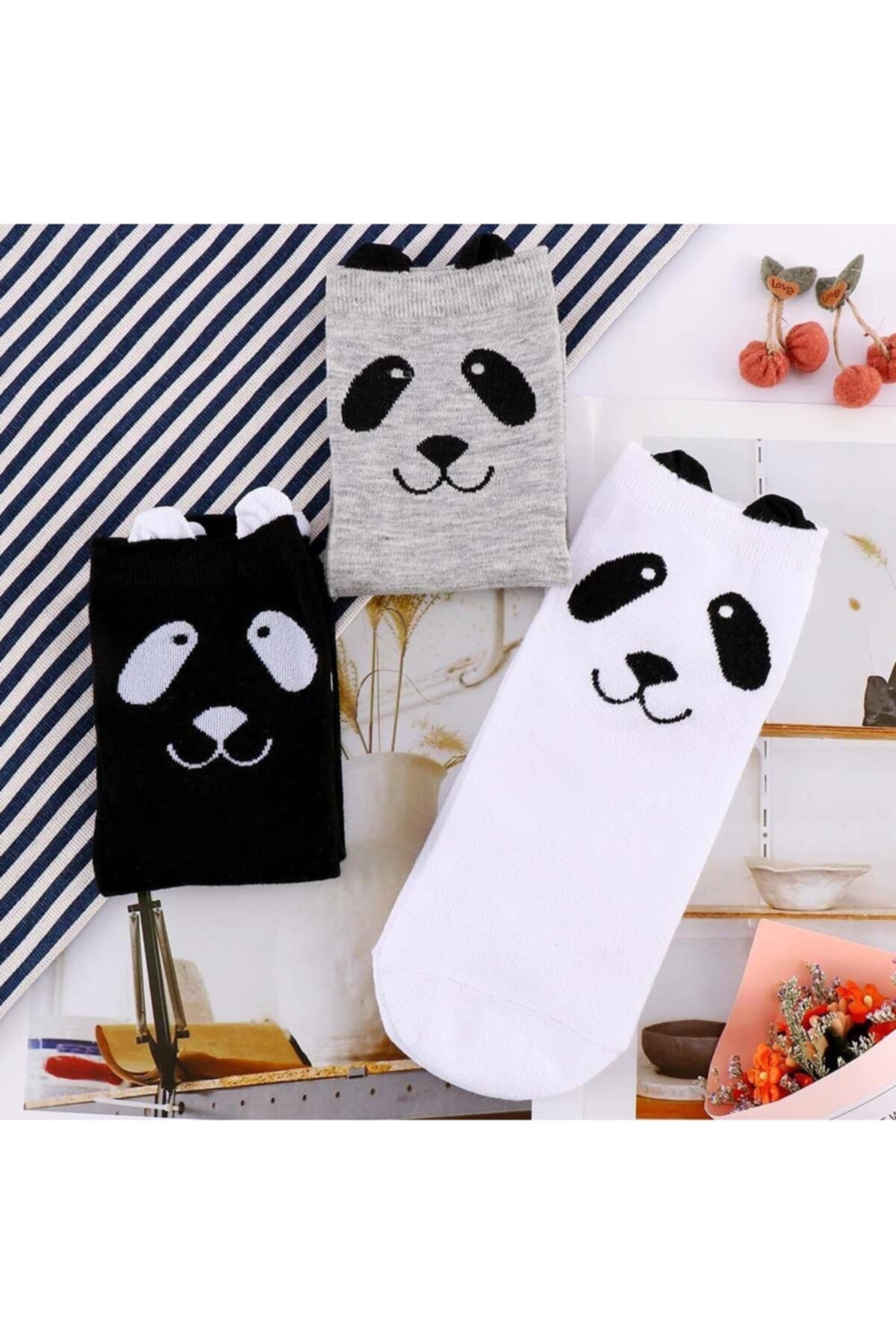 çorapmanya 3 Çift Kadın Panda Desenli 3 Boyutlu Siyah-beyaz-gri Patik Çorap