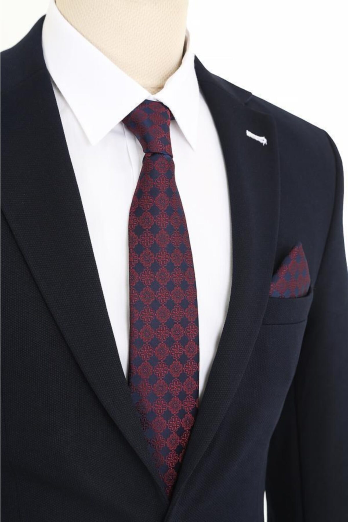 Brianze Bordo Lacivert Motif Desen Kravat Mendil Set