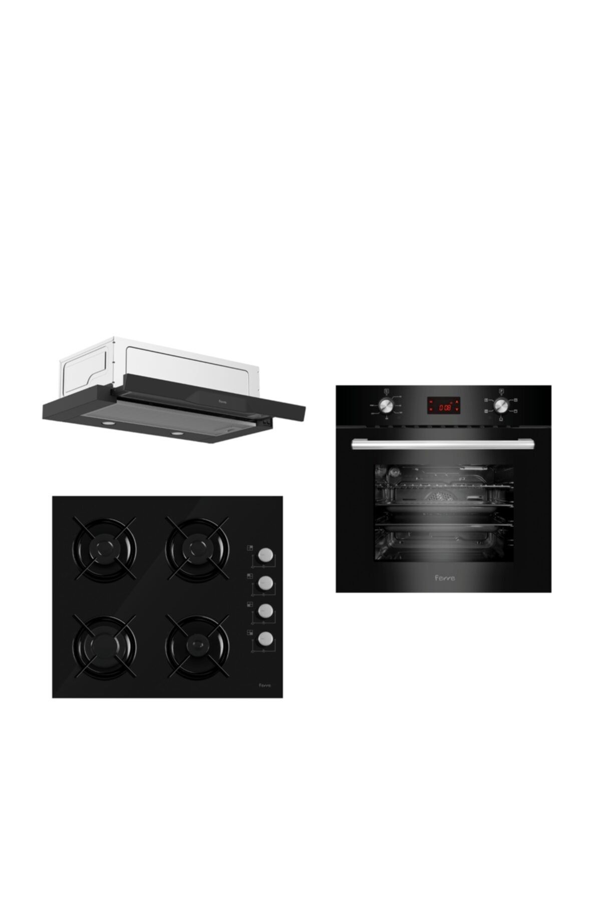 Ferre Black Elegant Aspiratörlü 3'lü Ankastre Set