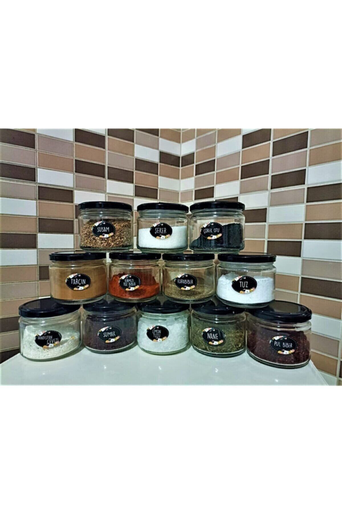AKZ HOME 300 Cc Siyah Kapaklı Etiketli 10adet Cam Kavanoz 98 Adet Etiket Akzhome