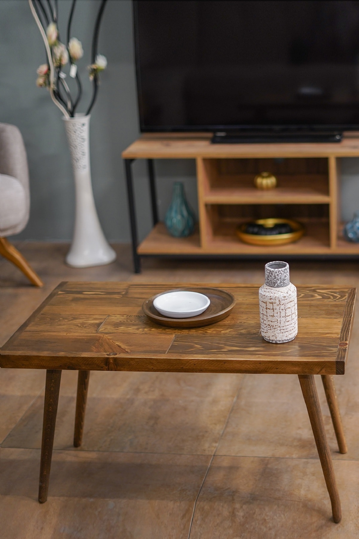 PlusAksesuar Ahşap Masif Ağaç Doğal Orta Sehpa Konik Ayak Ahşap Orta Sehpa