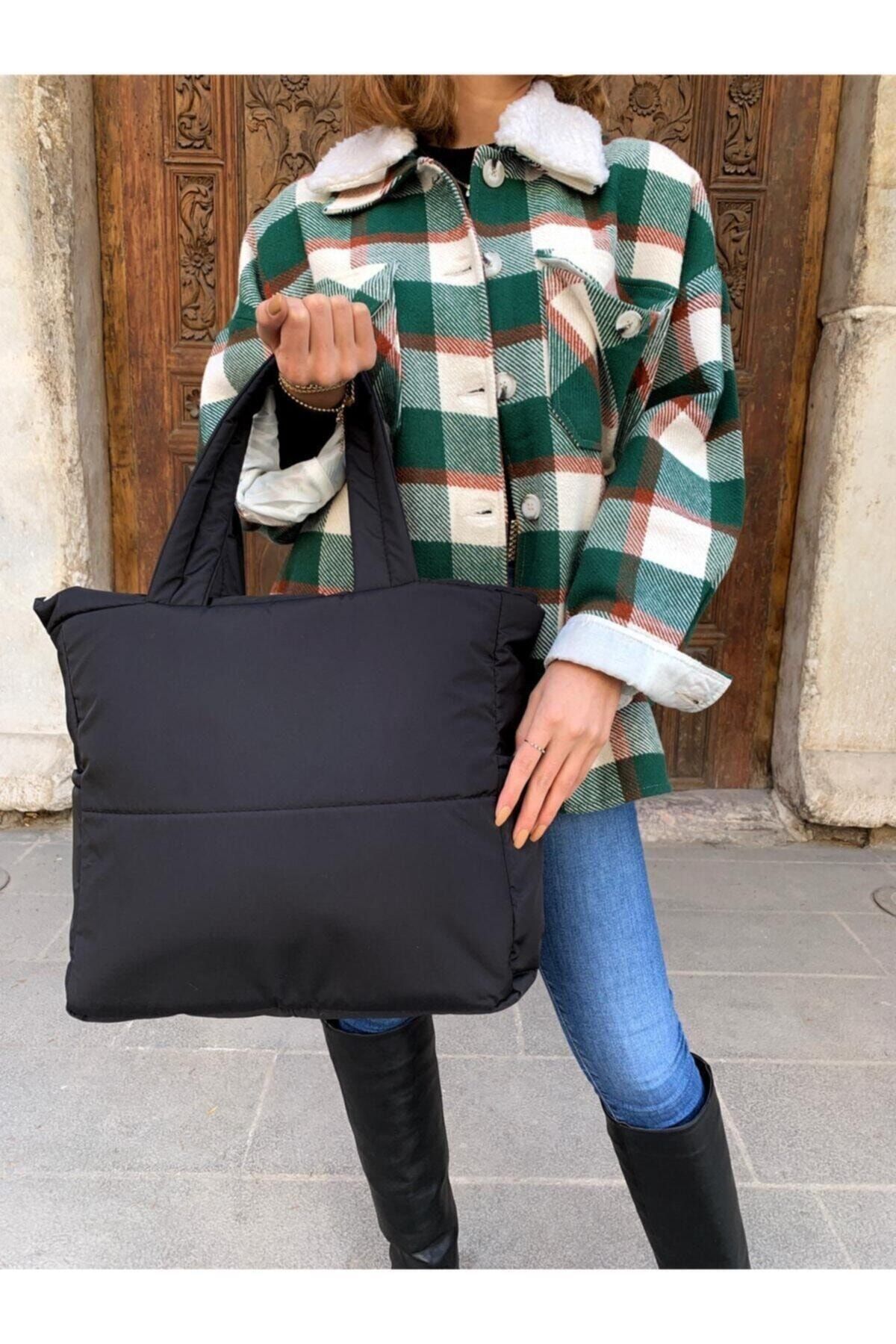 EMOŞ ÇANTA Siyah Kabartmalı Puf Kumaş Shopper Çanta