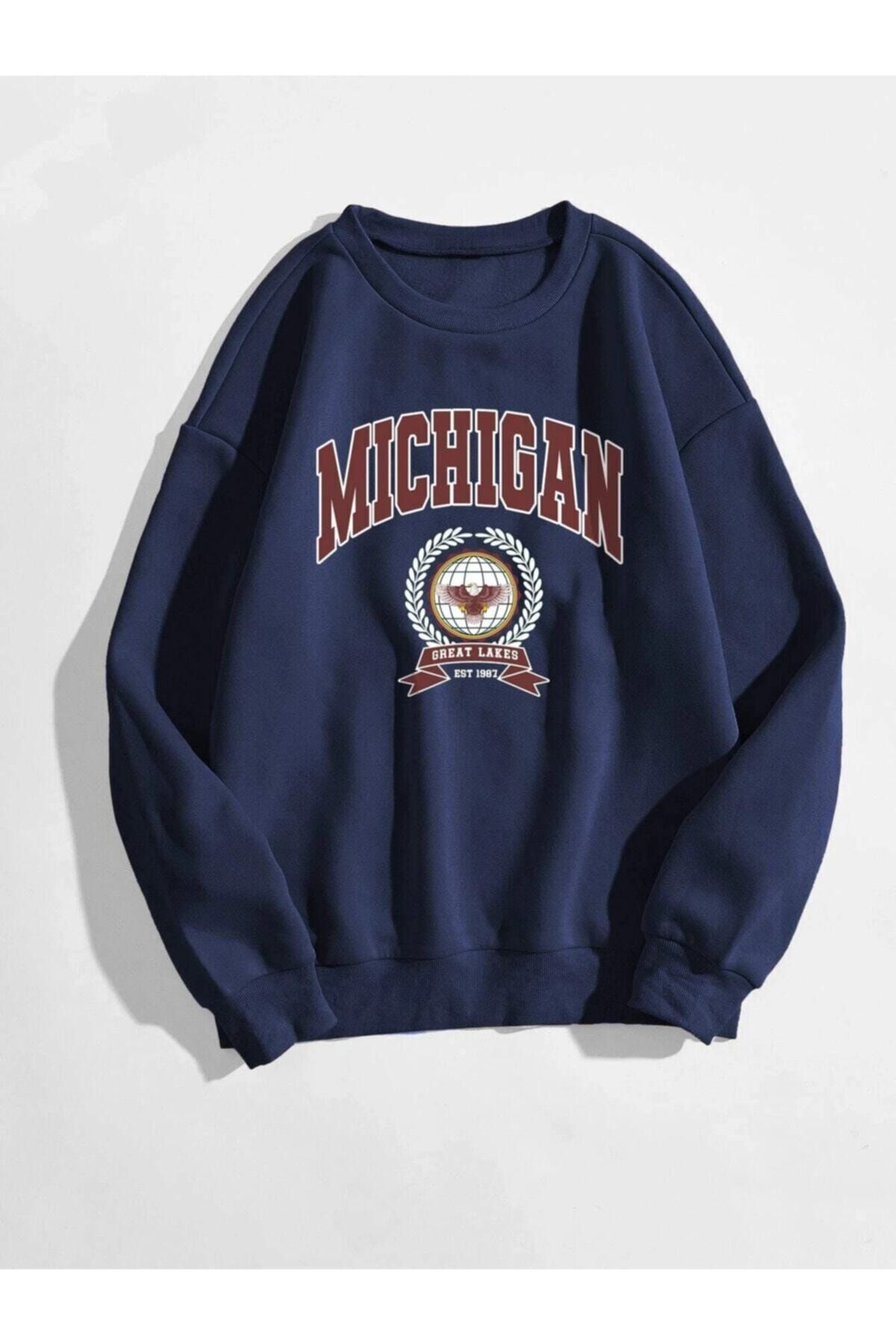 K&H TWENTYONE Kadın Lacivert Michigan Baskılı Oversize Sweatshirt