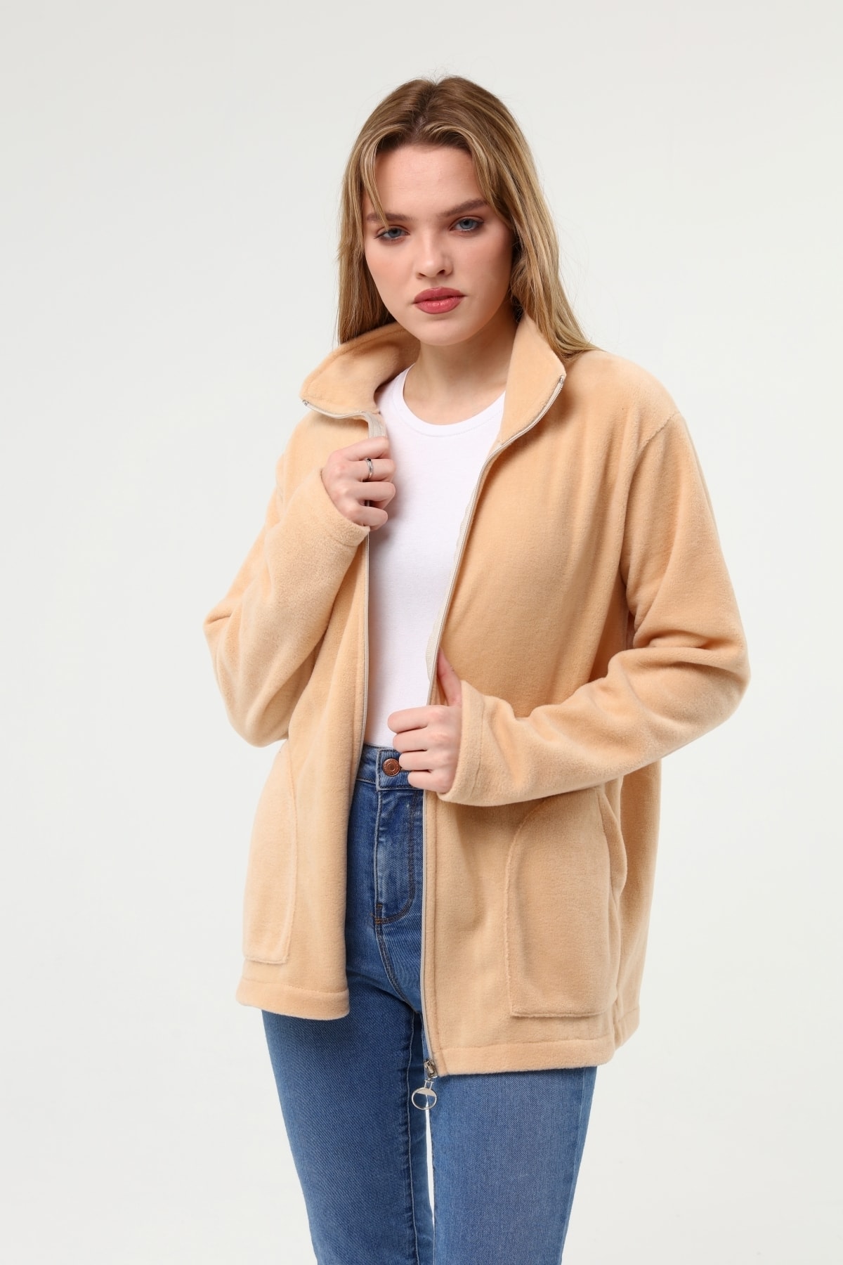 MODA EZEL Bej Fermuar Kapamalı Polar Hırka Büyük Beden Sıcak Tutar