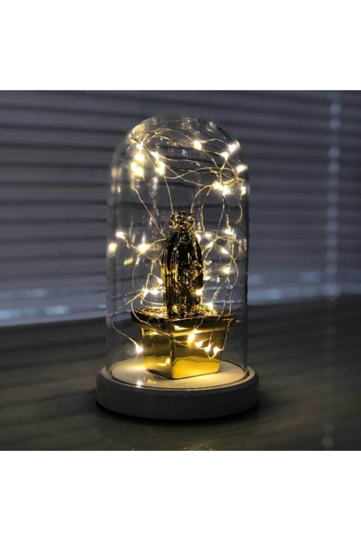 BYLAMP Işıklı Cam Fanus Gold Kare Kaktüs Figürlü Lamba