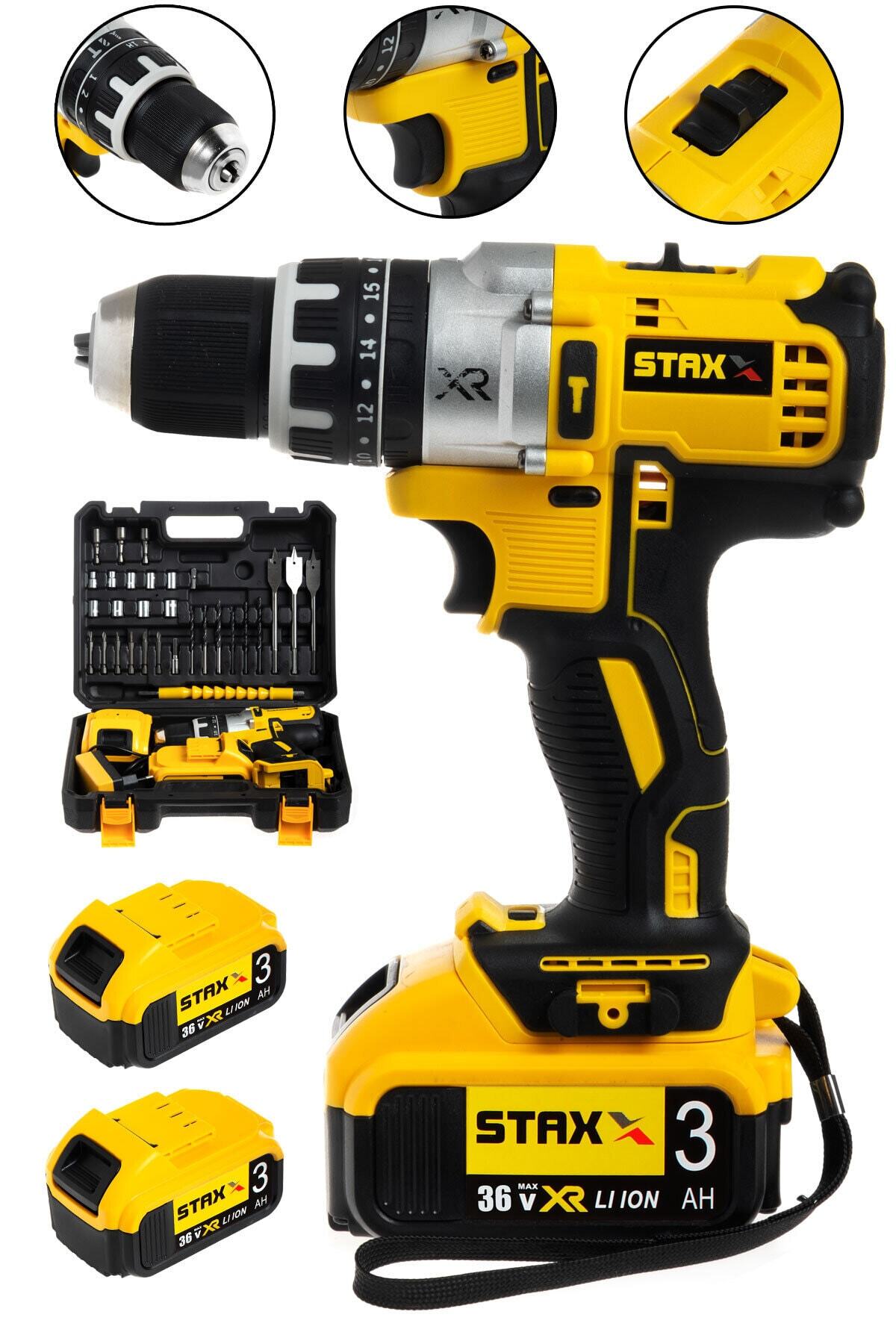 STAXX POWER Germany Hybrid 36v 5 Ah Metal Şanzuman Çift Samsung Akülü Darbeli Şarjlı Matkap Vidalama + 30 Parça