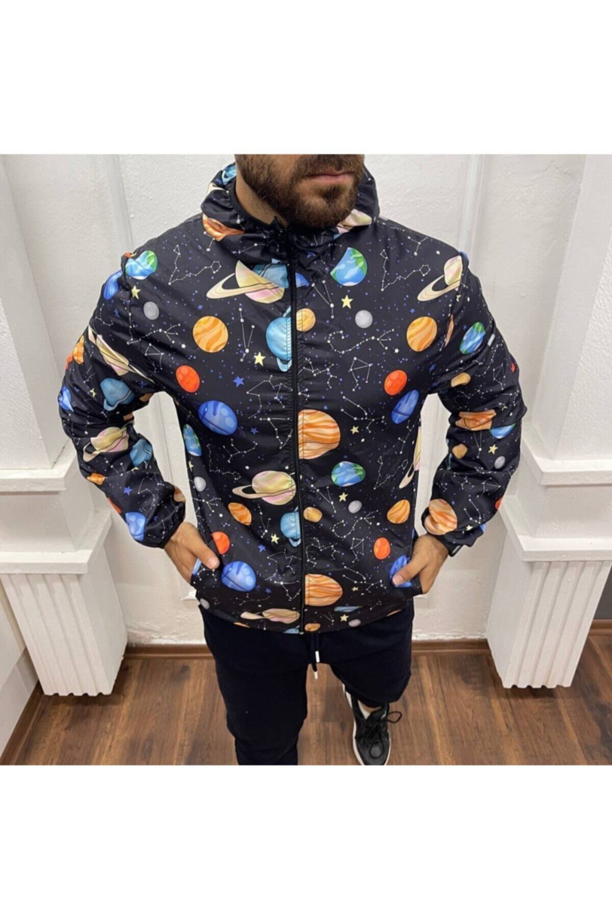 LUNNOX Siyah Unısex Gezegen Desenli Yağmurluk