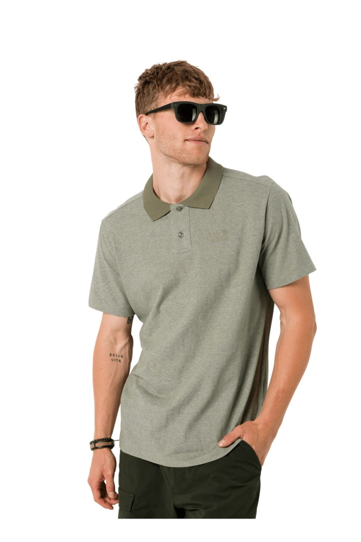 Jack Wolfskin Pique Polo Men Polo Yaka Kısa Kol Baskılı Yeşil Erkek T-shirt