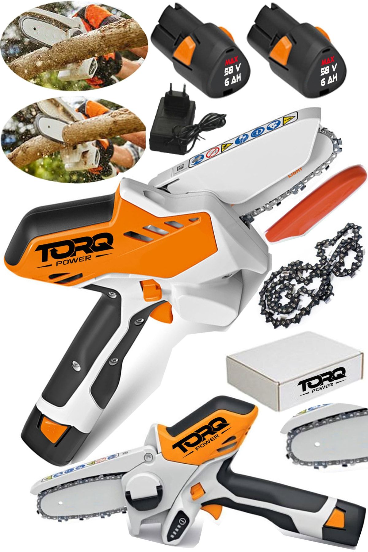 TORQ POWER Saw Şarjlı 58 V 6 Ah Yeni Nesil Li-on Çift Bataryalı Testere Dal Budama Bıçkı Makinası