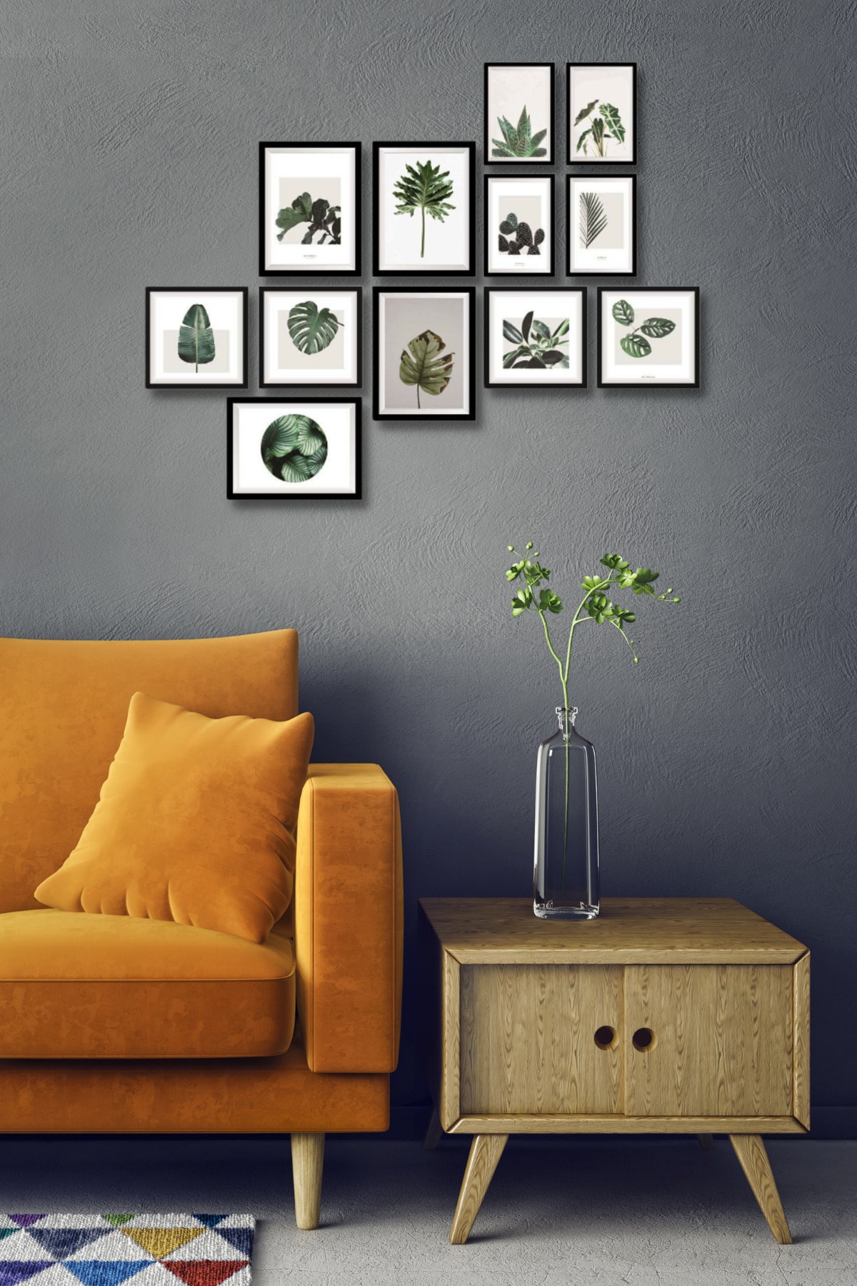 NT Handmade 12 Parça Ahşap Tablo Seti - Yeşil Yapraklar Salon Otuma Yatak Odası Için Mdf Duvar Dekoru 90x75 Cm