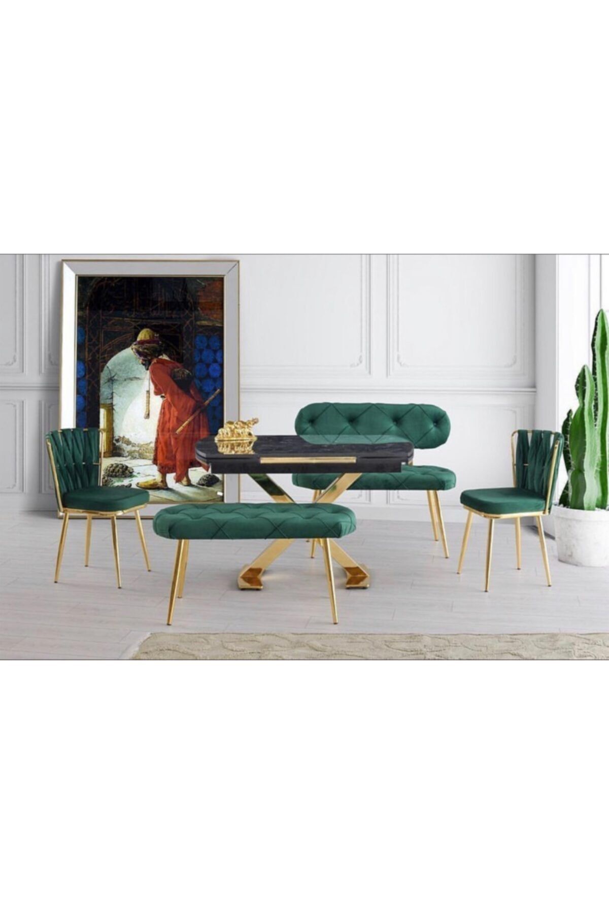 sweet homee Açılır Anka X Gold Ayak Masa Lotus Desen + Bench Takım Gold Metal Ayak