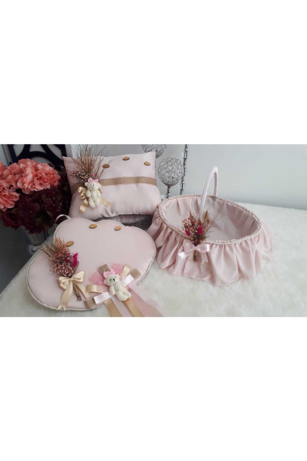 ARMAGAN BEBEK NİKAH ŞEKERİ Bebek 3 Lü Set Kapı Süsü Yastık Sepet Pembe