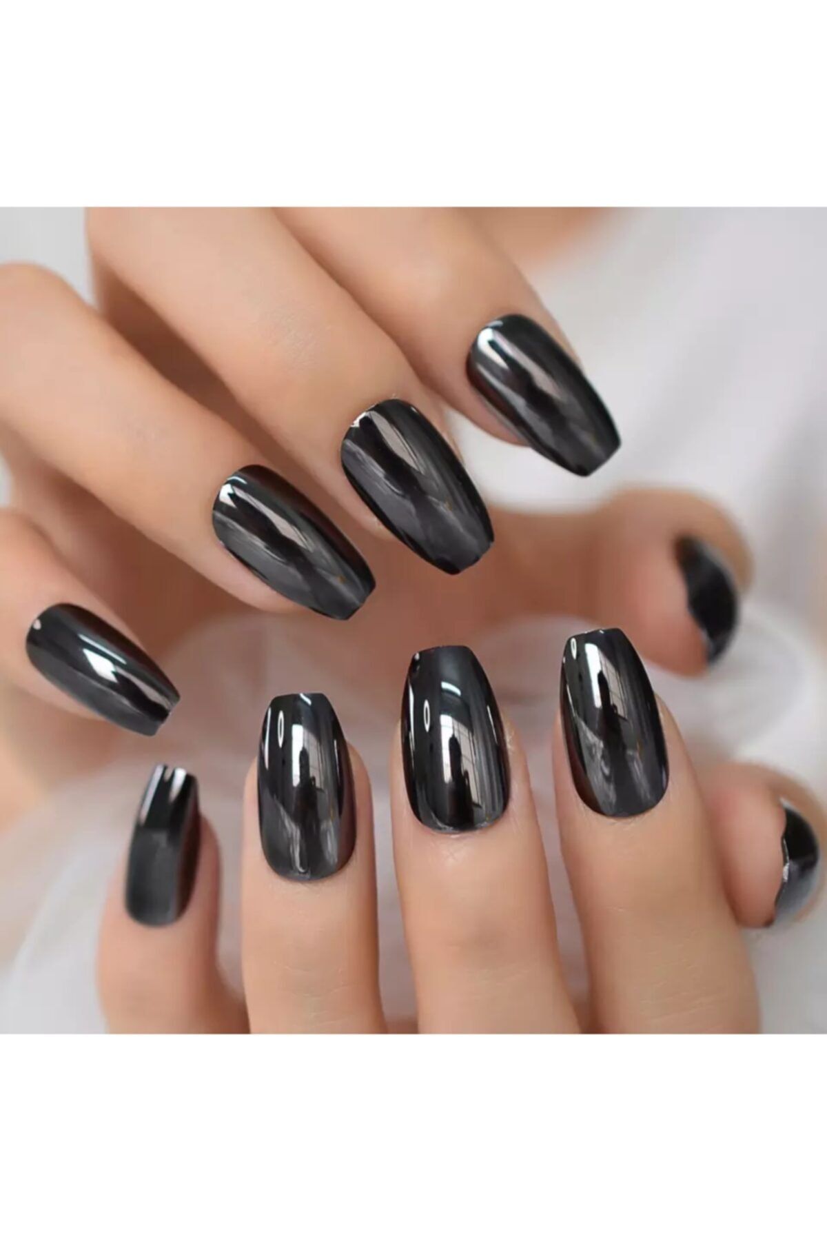 EDA LUXURY BEAUTY Siyah Metalik Takma Tırnak Lüks Parlak Ayna Efektli Uzun Kare Coffin Yapıştırıcılı Nail Art Set