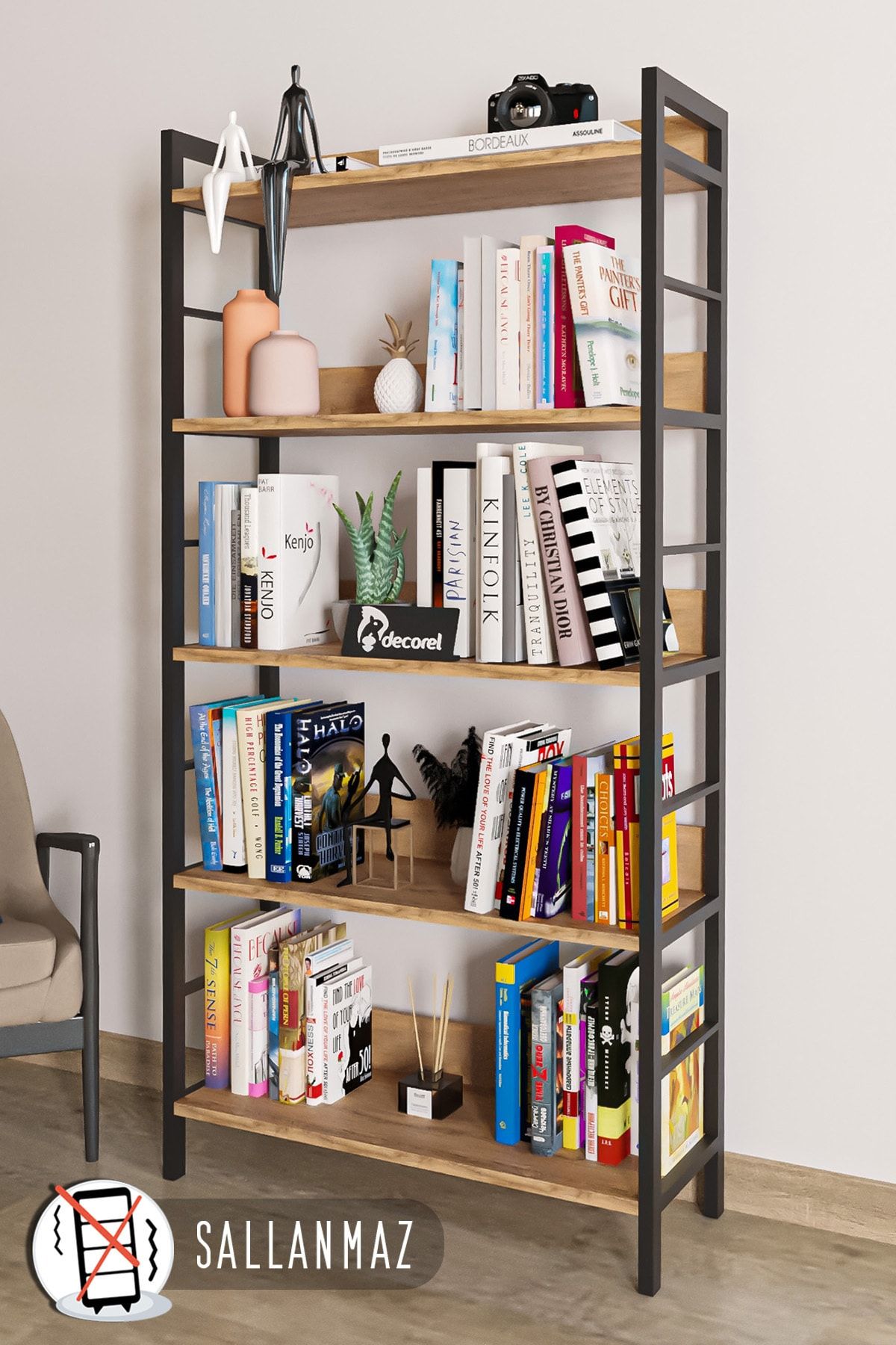 Morpanya Rena Metal Kitaplık 5 Raflı Çok Amaçlı Dosya Kitap Rafı Ofis Salon Kitaplığı Ceviz 75x175 Cm